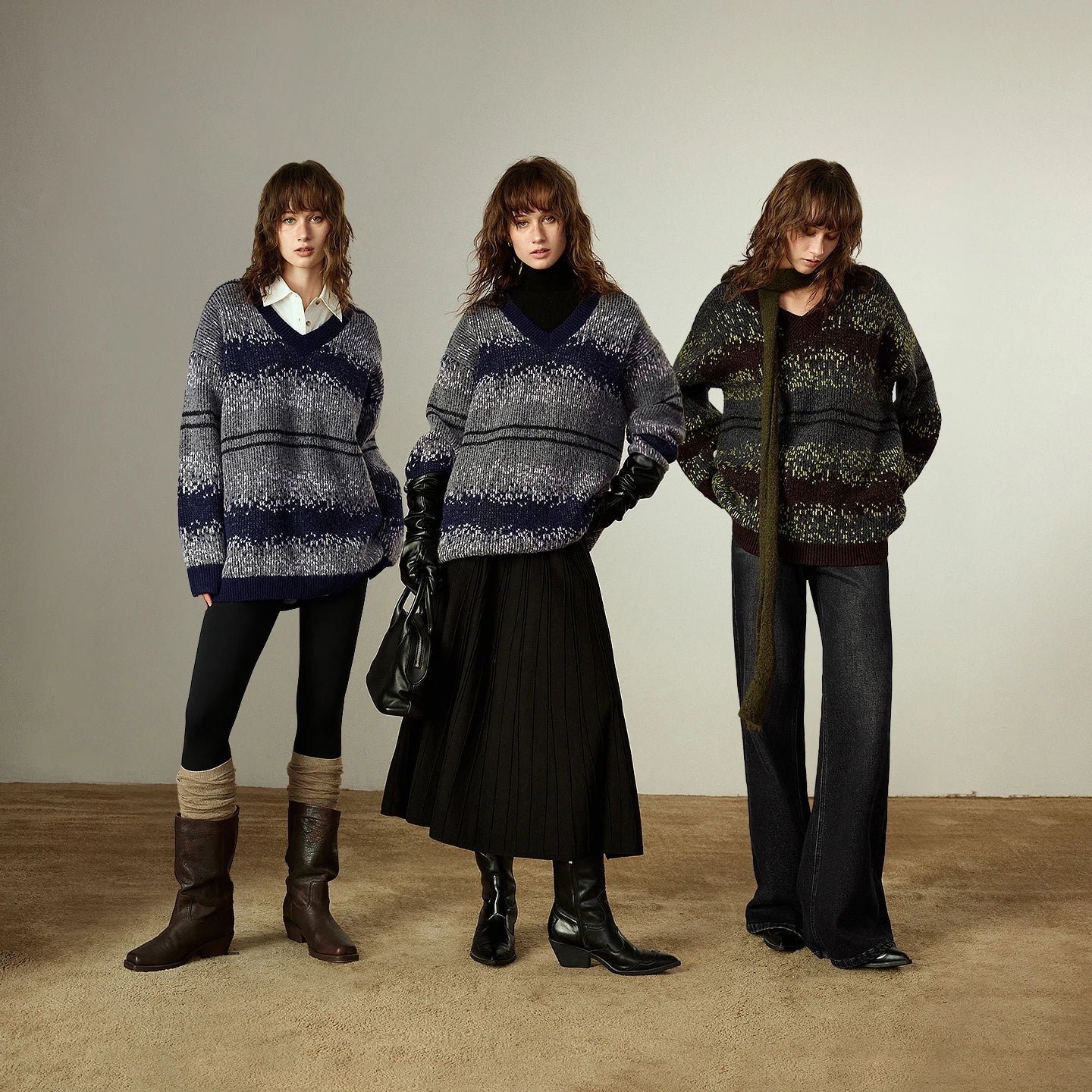 Pull Femme – Col V, Motif Fair Isle Rayé, Maille Douce Type Cachemire Mi-longue