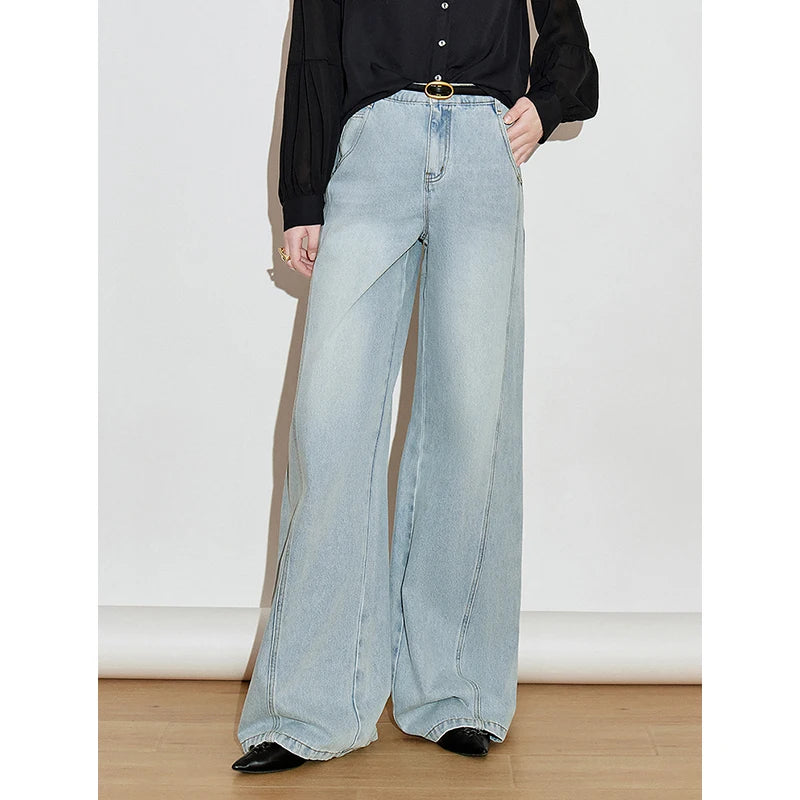 Jean femme taille mi-haute coupe droite large délavé