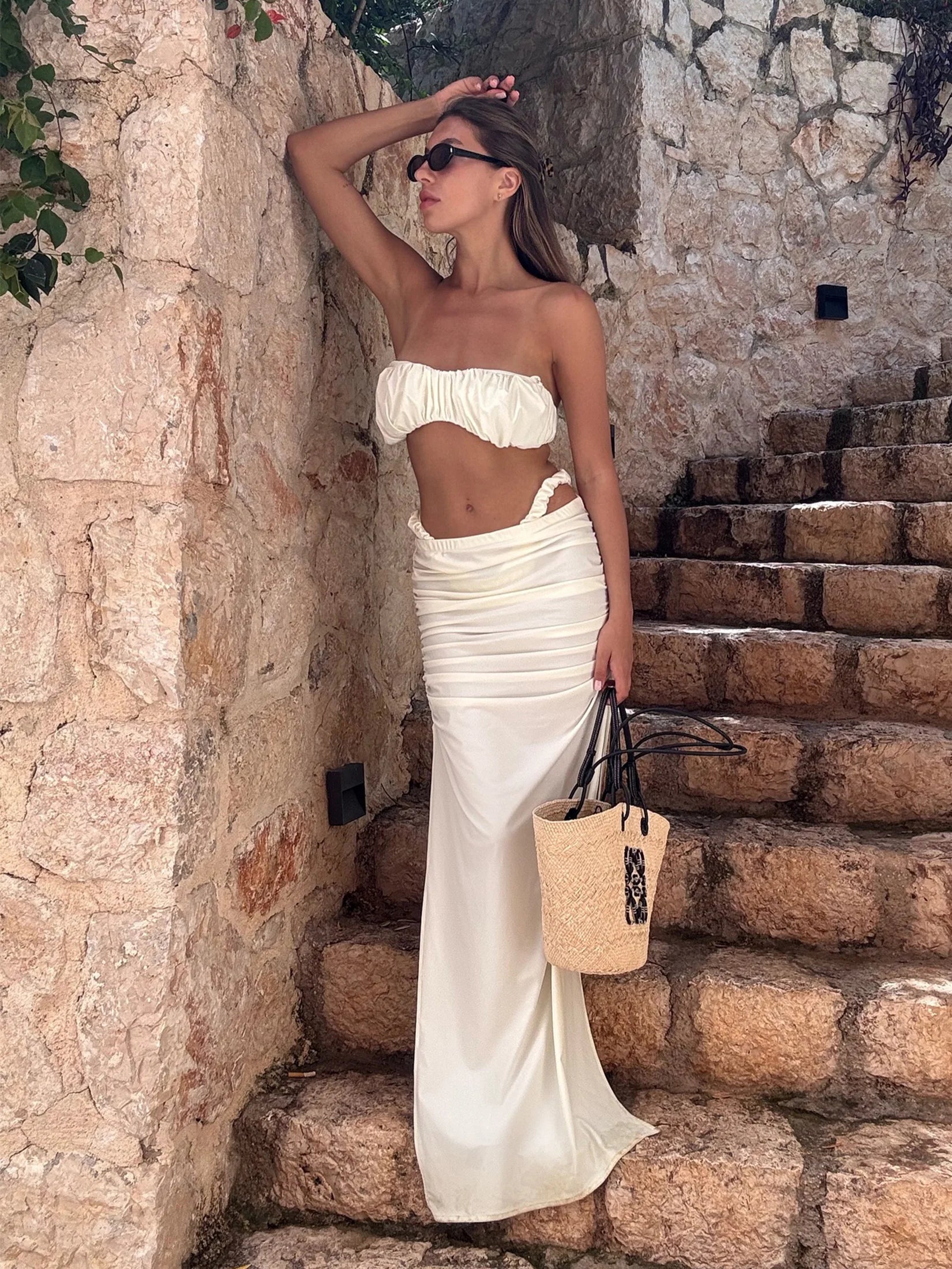 Bikini 3 Pièces à Bandeau Ruché Sans Bretelles Blanc - Ensemble Haute Coupe avec Jupe Maxi de Plage