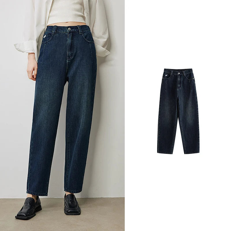 Jean femme taille haute élastique coupe harem longueur cheville
