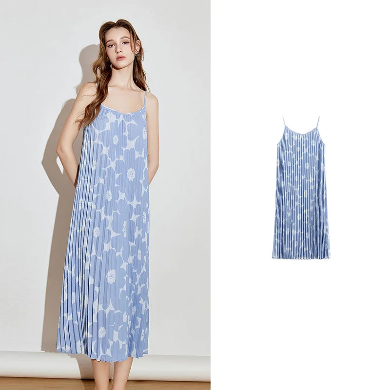 Robe femme mi-mollet été droite à bretelles spaghetti motif floral