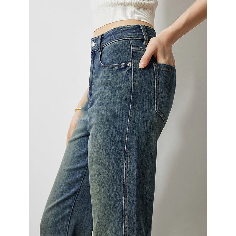 Jean femme taille haute coupe poire délavé longueur longue