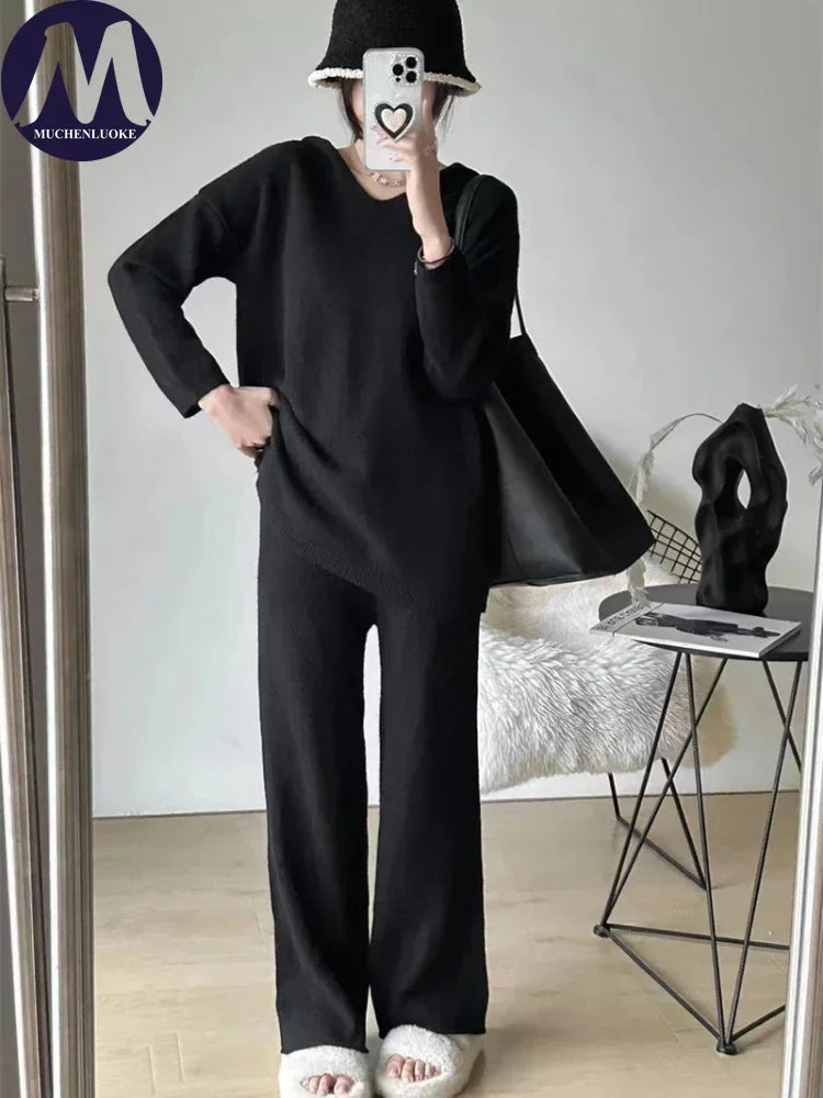 Women's 2-Piece Knit Set – Casual Sweater and Straight Leg Pants