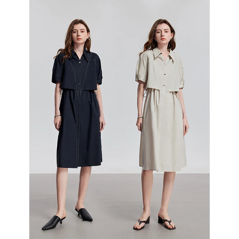 Robe femme mi-mollet été coupe ample col chemise boutonnée