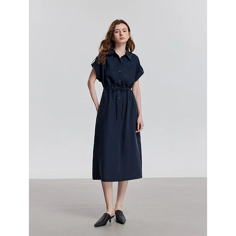 Women's mid-calf summer A-line dress with raglan sleeves, shirt collar, and floral print