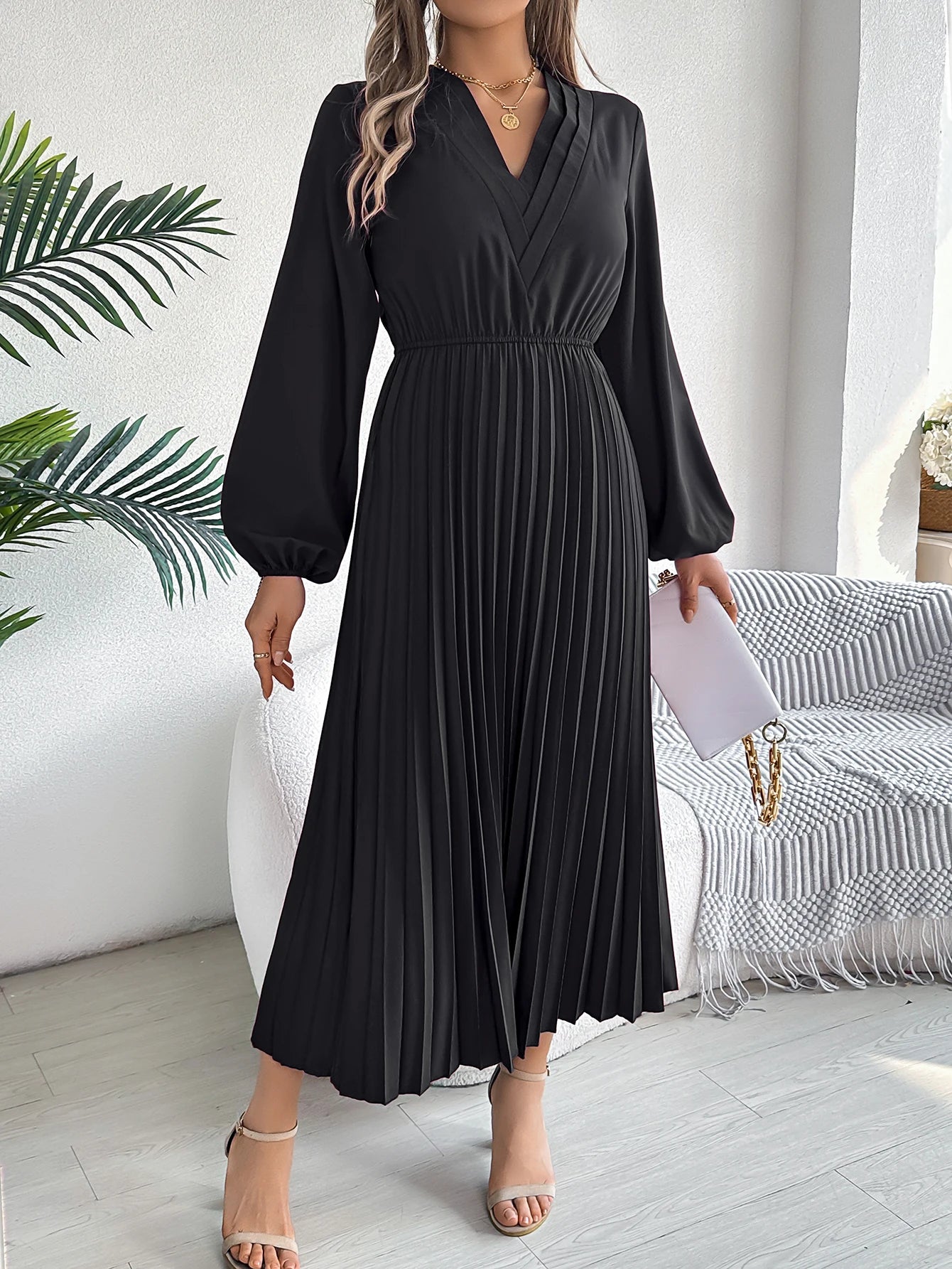 Robe Maxi Élégante pour Col V, Taille Haute, Plissée
