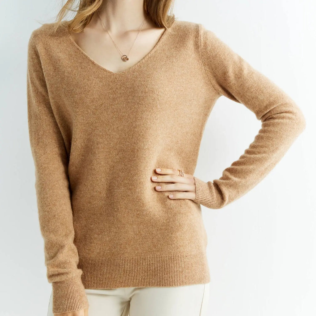 Pull en cachemire – 100 % laine mérinos, col V, manches longues