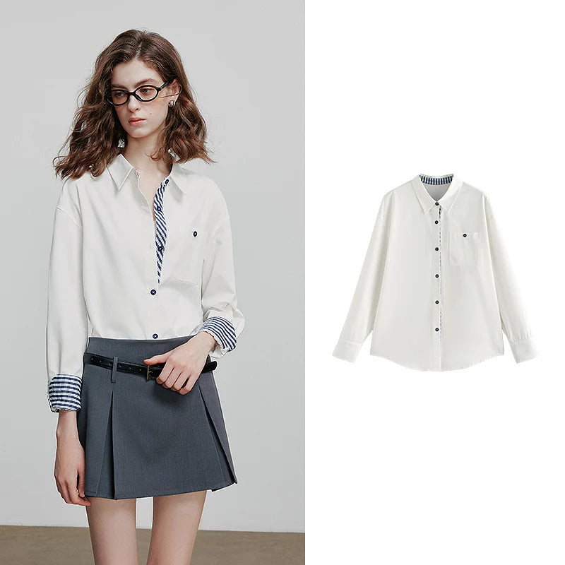 Chemise rayée femme – col diagonal spliced, pur coton