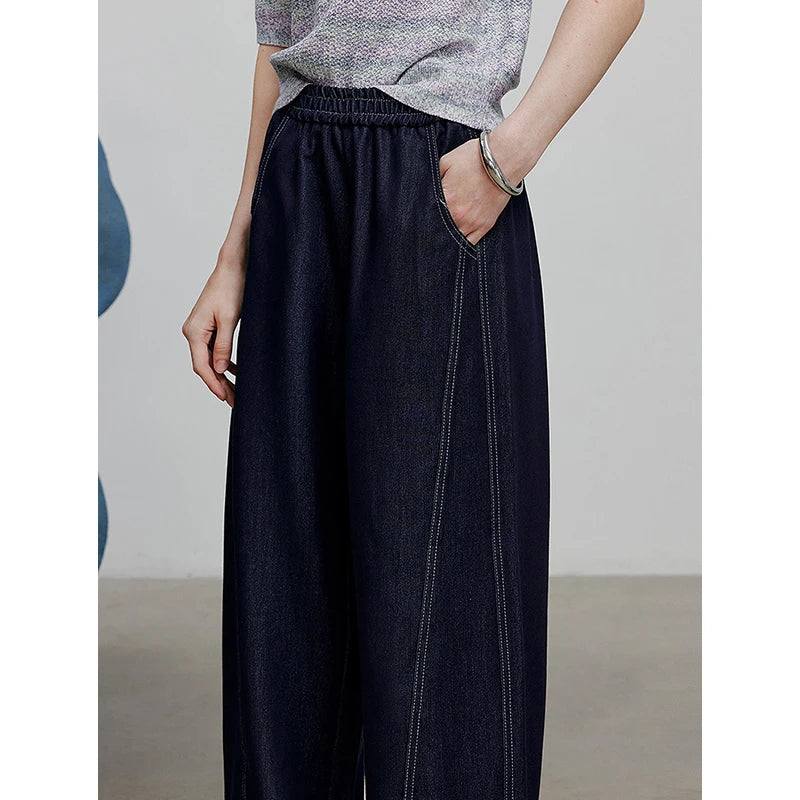 Jean femme taille élastique coupe droite large style banane