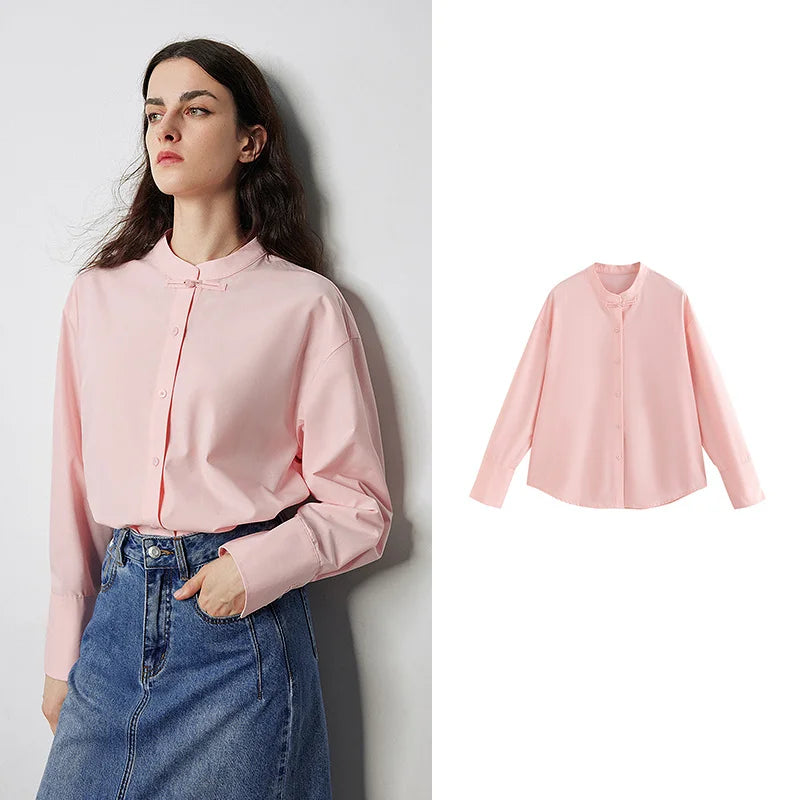 Women's long-sleeved shirt with a stand-up collar, casual Chinese style