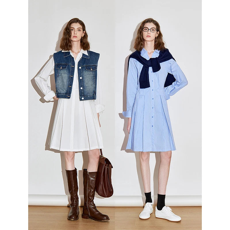 Women's pleated spring dress with shirt collar, long sleeves, mid-knee length
