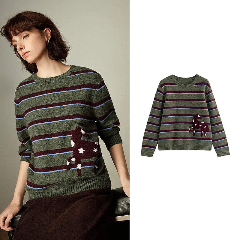 Pull Femme Vintage – Rayures & Broderie Étoile et Cheval, Col Rond