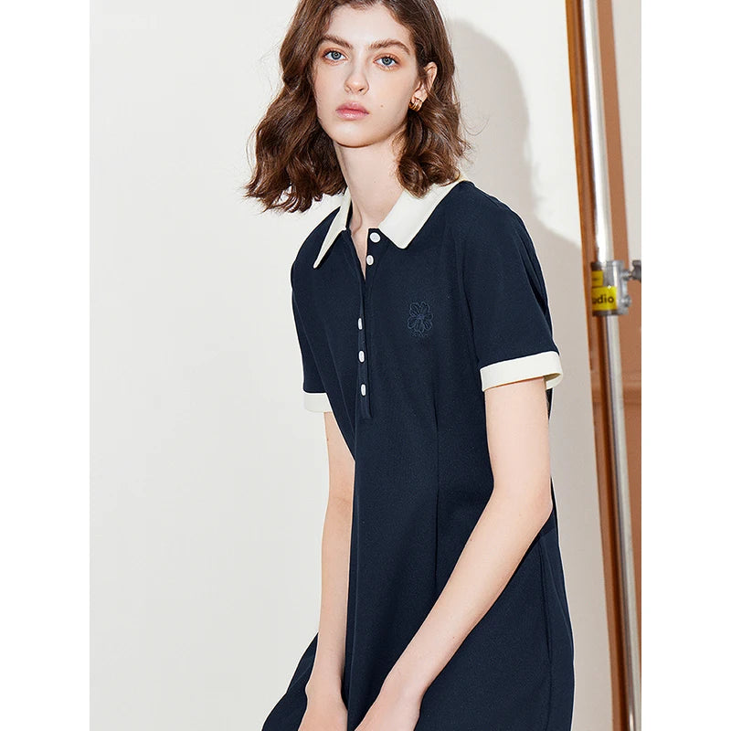 Women's mid-calf straight dress with floral embroidery and shirt collar