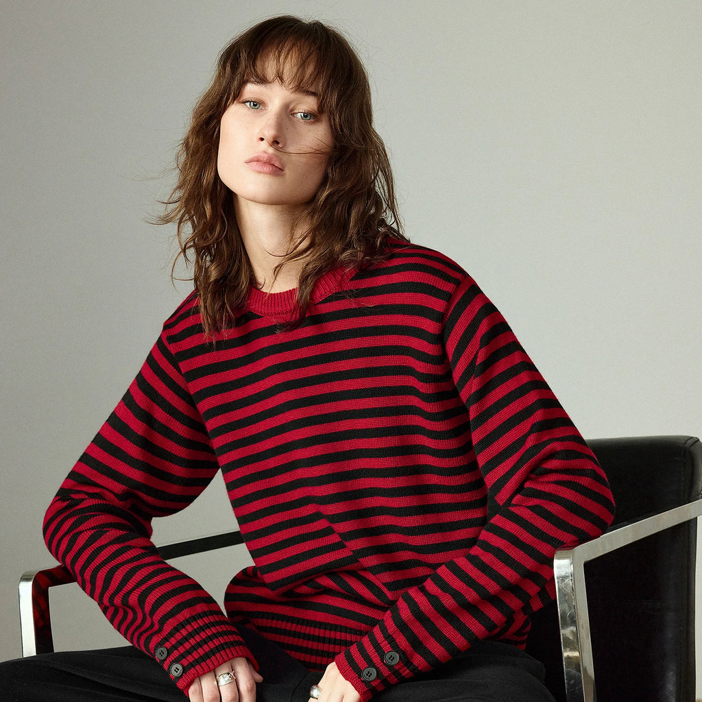 Pulls en maille style rétro, rayures et blocs de couleur, col rond