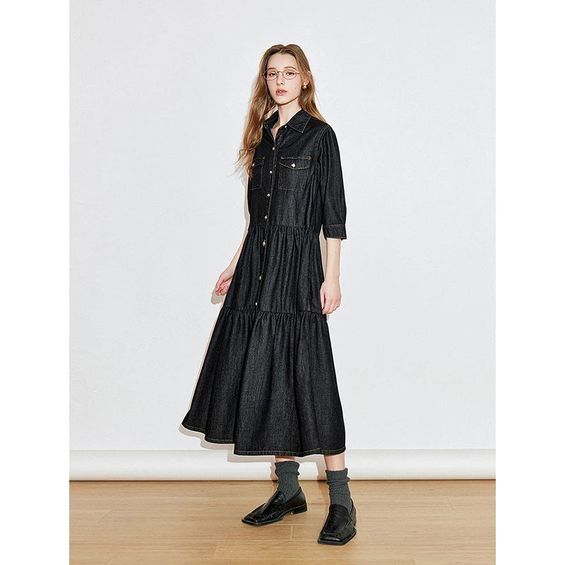 Robe femme mi-mollet été A-Line manches bouffantes col V avec poches