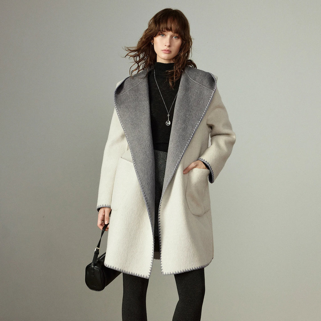 Women's Coat – Wool, Silk and Rabbit Fur Blend, Fitted Waist, Hooded, Reversible