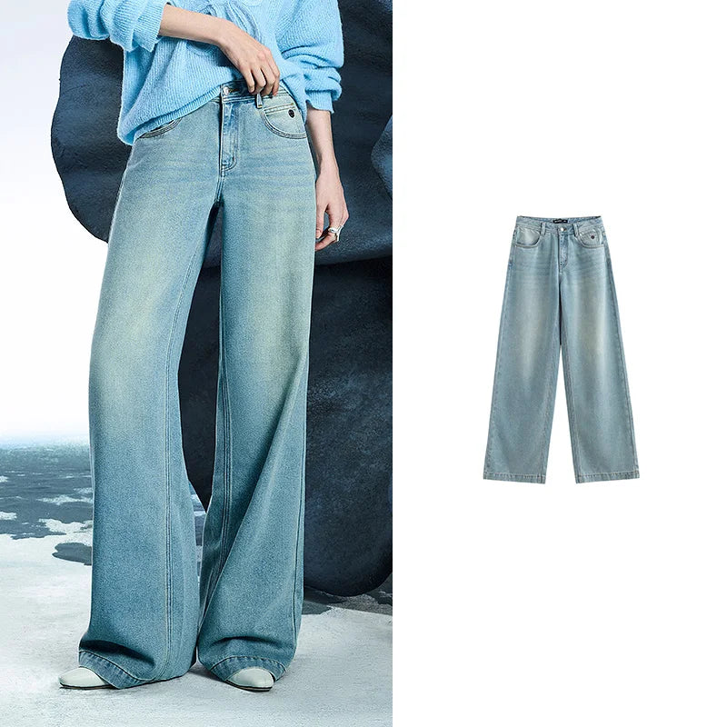 Jean femme taille mi-basse coupe droite large slim fit