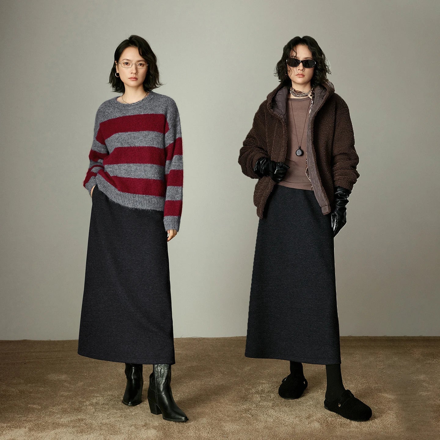 Women's Black Midi Skirt – Elastic Waist, A-Line Umbrella Cut, Elegant Wool & Acetate