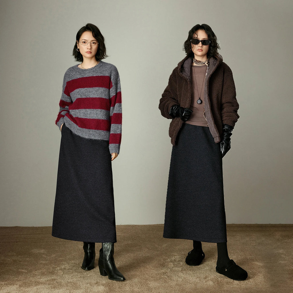 Jupe Midi Noire Femme – Taille Élastique, Coupe Évasée Parapluie, Laine & Acétate Élégante