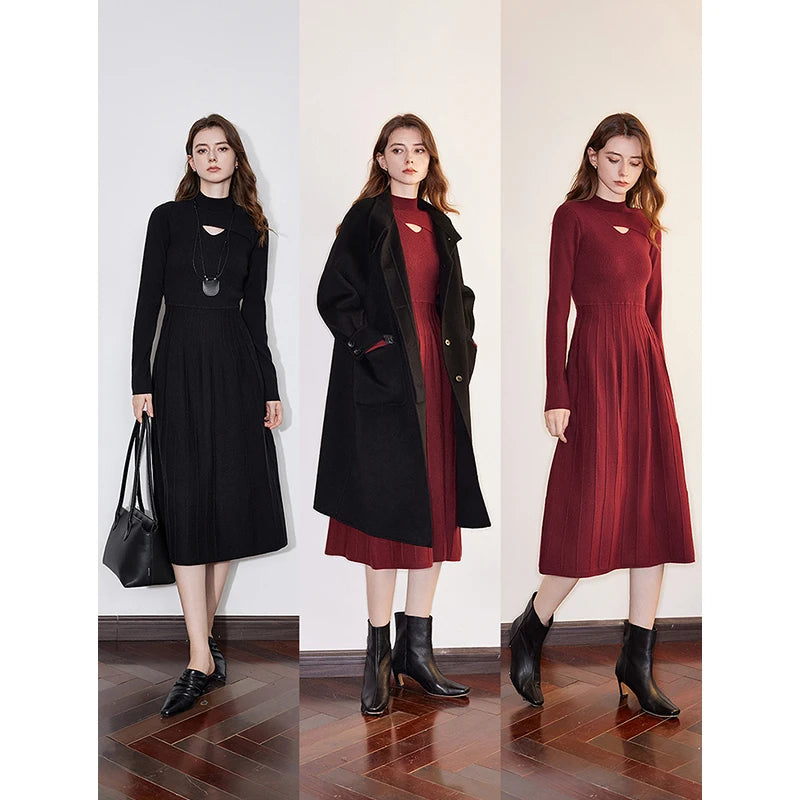 Women's mid-length knit dress with openwork turtleneck, suitable for autumn/winter