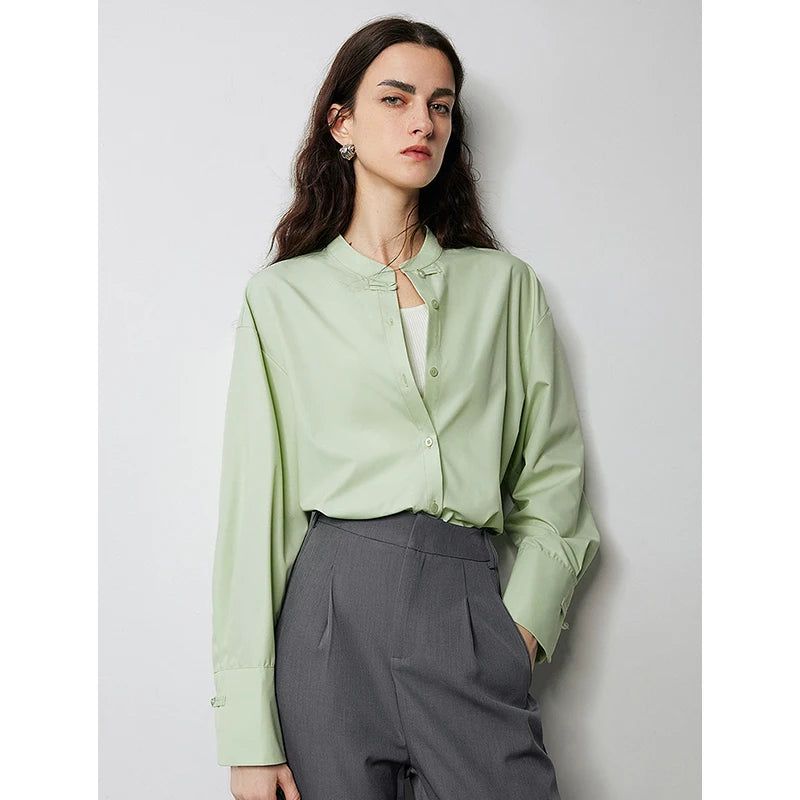 Women's long-sleeved shirt with a stand-up collar, casual Chinese style