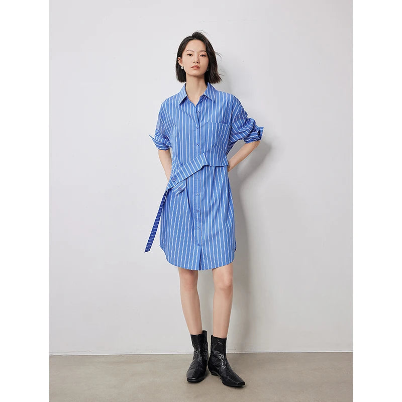 Robe femme mi-genou automne style office rayée à manches longues