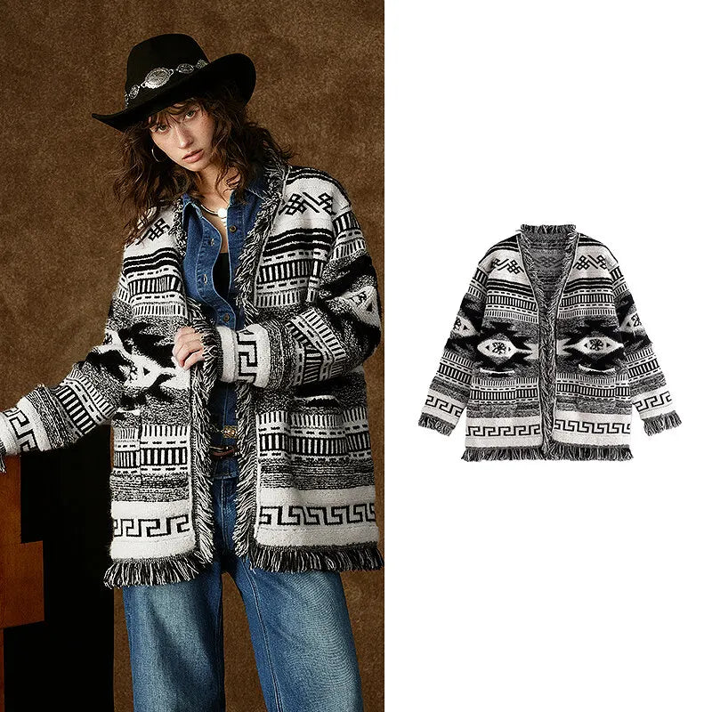 Cardigan Tricoté Femme – Col V, Style Ethnique Nomade, Détails à Franges