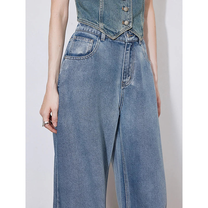 Jean femme style wasteland taille mi‑haute coupe droite large longue