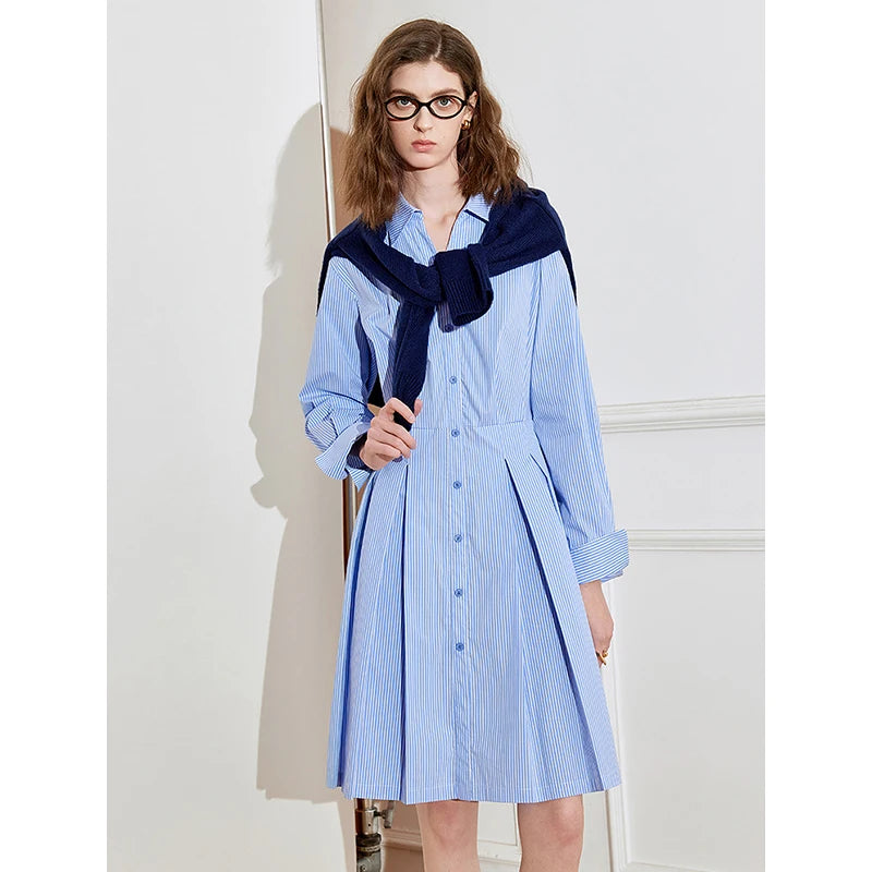 Women's pleated spring dress with shirt collar, long sleeves, mid-knee length