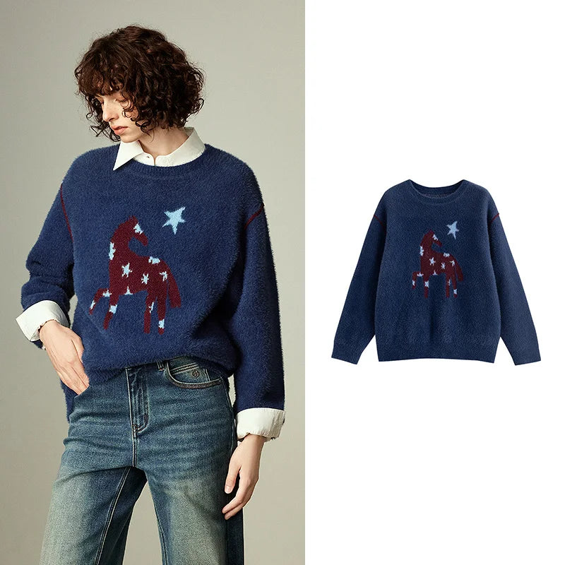 Pull Femme – Effet Cachemire, Motif Étoile & Cheval, Col Rond