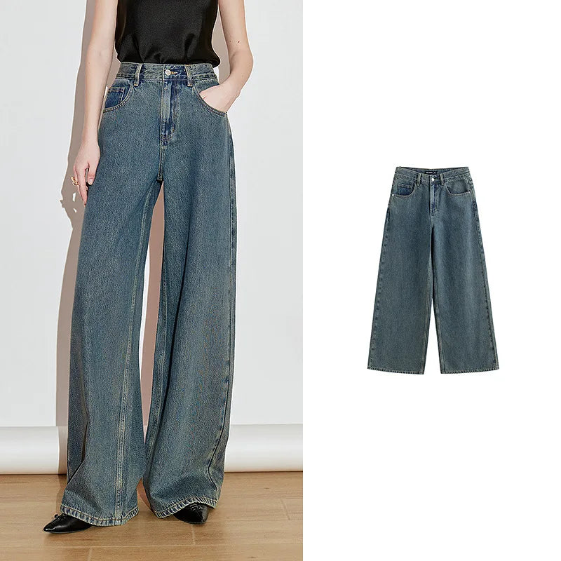 Jean femme coton pur coupe large style rétro longue