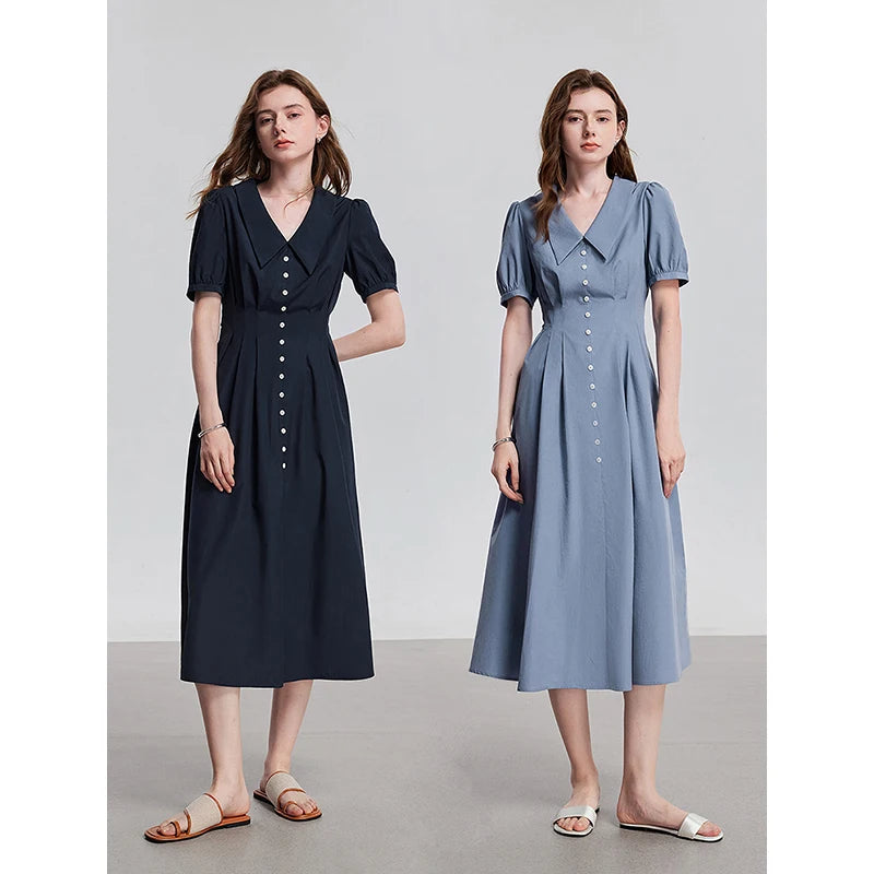 Women's mid-calf summer A-line dress with puff sleeves and Peter Pan collar