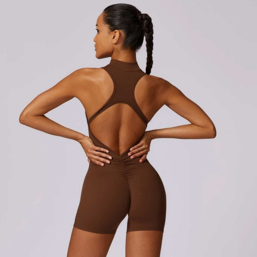 Combinaison de yoga courte sans dos avec zip et effet scrunch