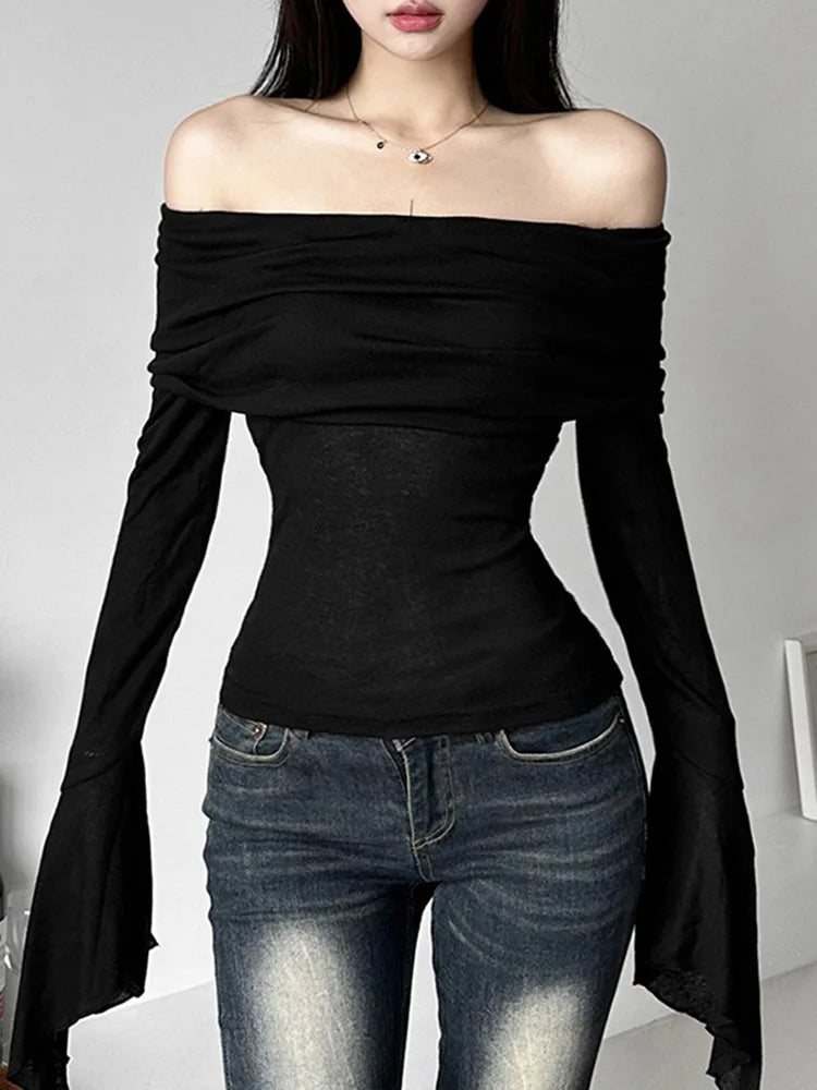 T-shirt Col Asymétrique, Manches Longues, Style Vintage Off-Shoulder