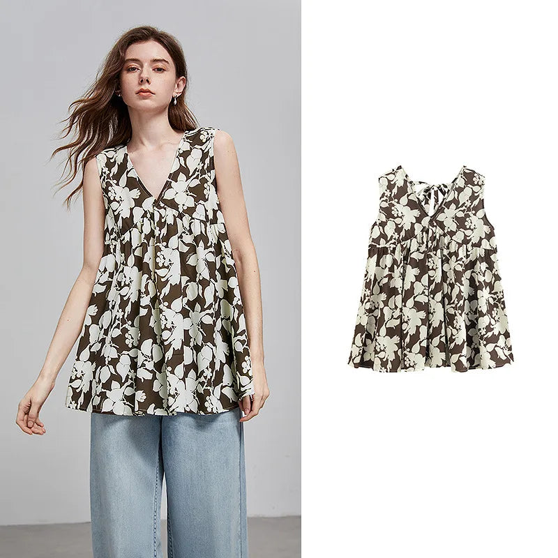 Chemise femme mi-longue sans manches col V patchwork