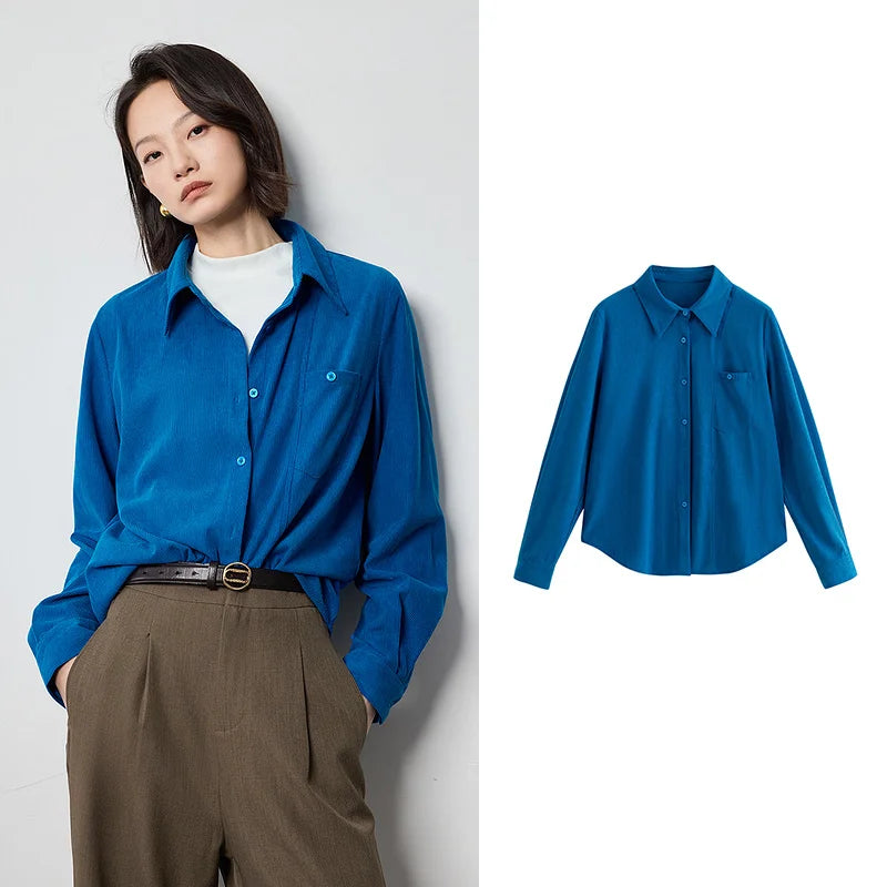 Blouse femme en velours côtelé – col chemise, manches longues