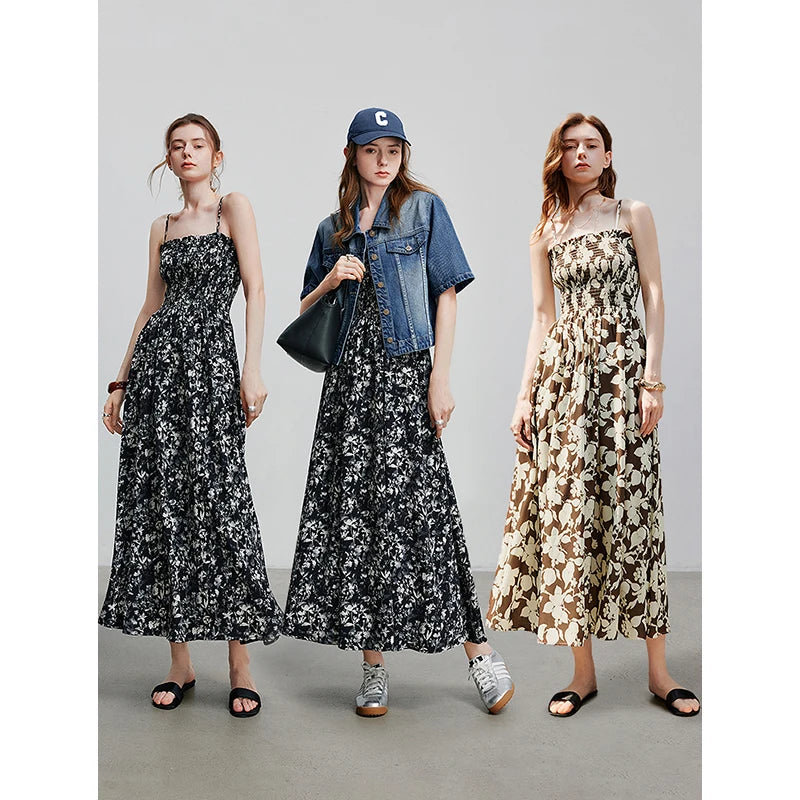 Robe femme mi-mollet été A-Line sans manches à bretelles spaghetti motif floral