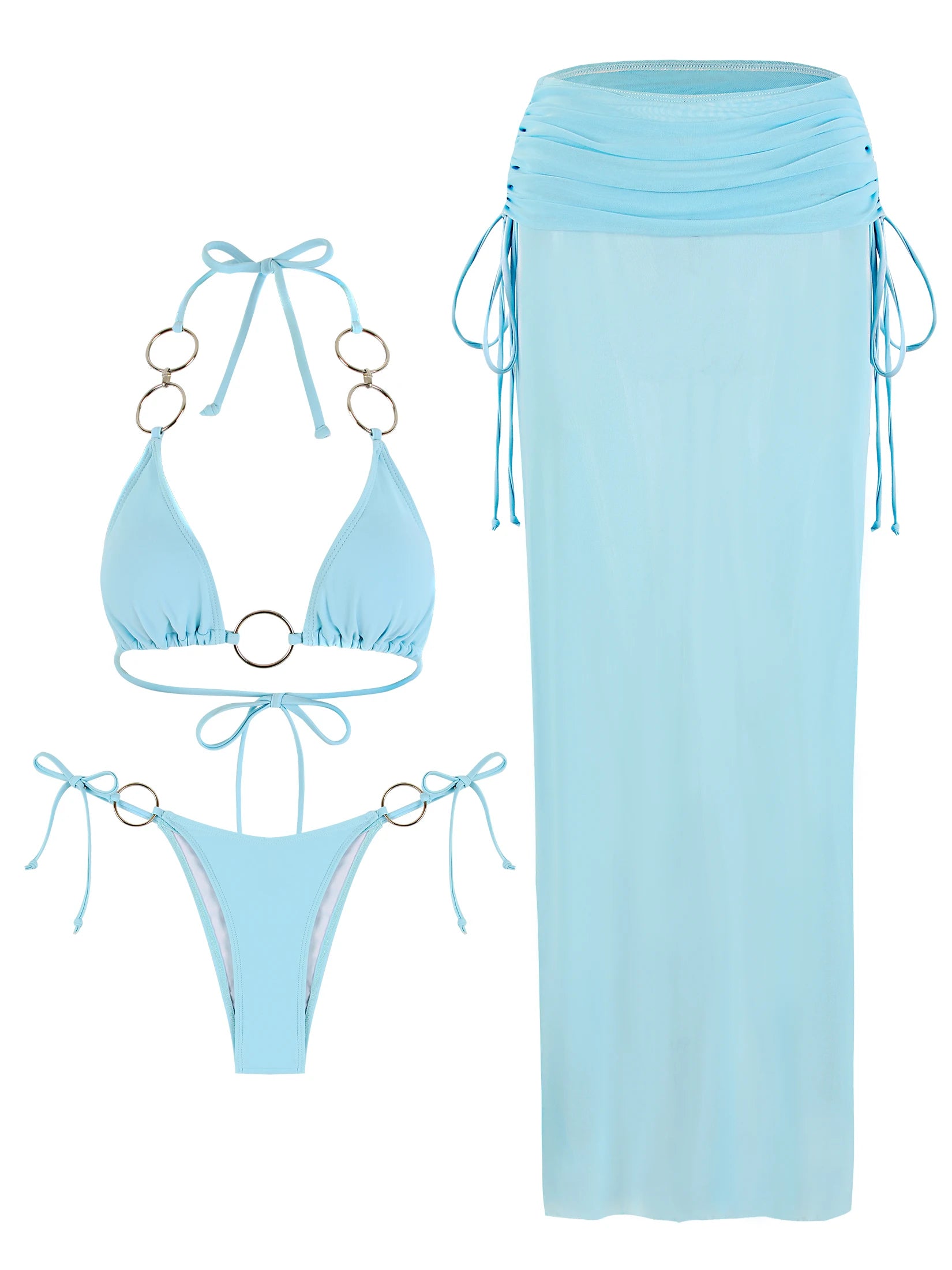 Ensemble Bikini 3 Pièces Sheer avec Jupe-Street pour Femme, Maillot de Bain Sexy Taille Haute