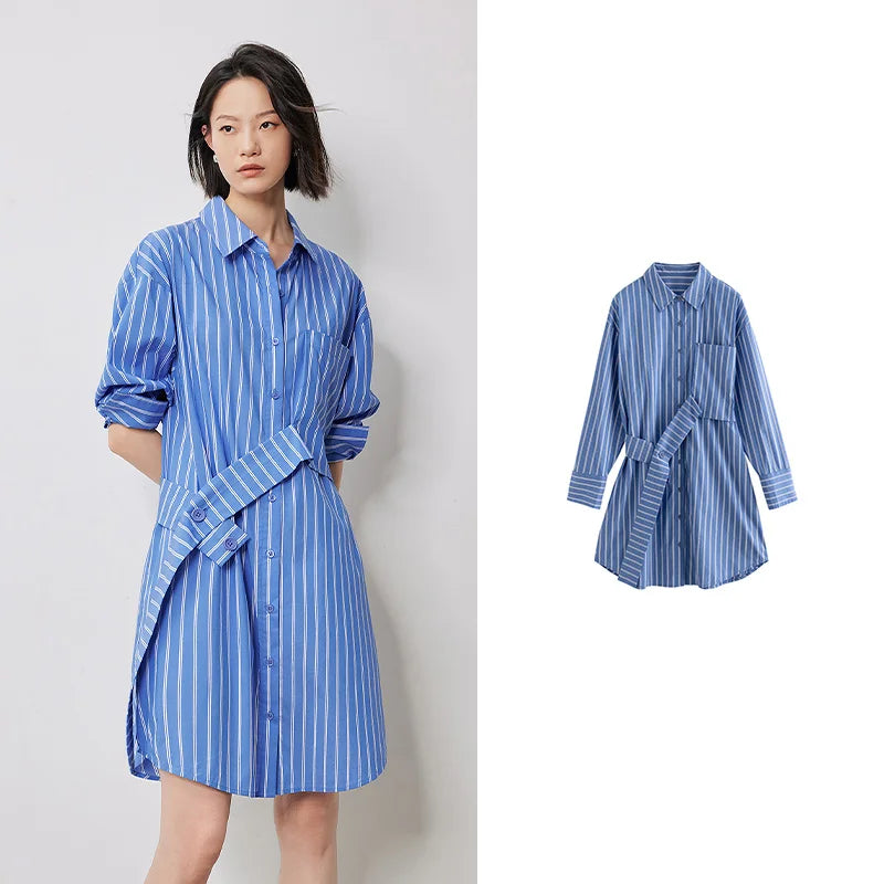 Robe femme mi-genou automne style office rayée à manches longues