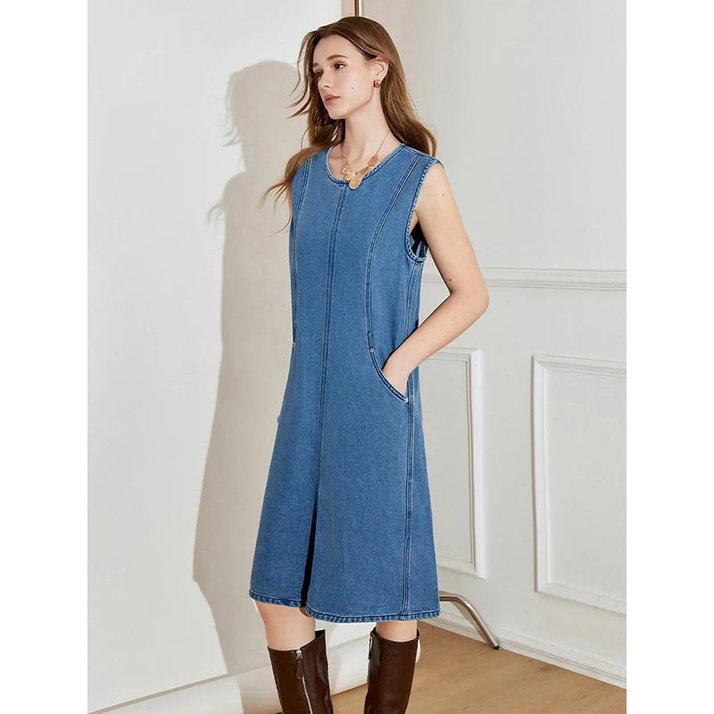 Women's sleeveless denim dress, spring style, open back with lace-up detailing, casual