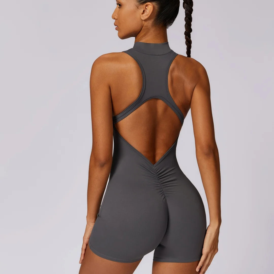 Combinaison de yoga courte sans dos avec zip et effet scrunch