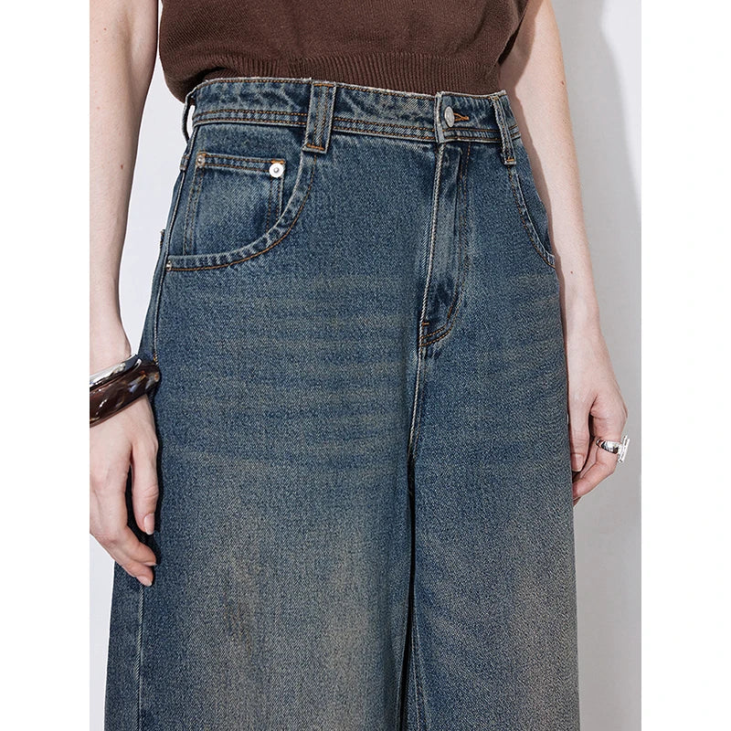 Jean femme taille mi‑haute coupe droite large longueur cheville