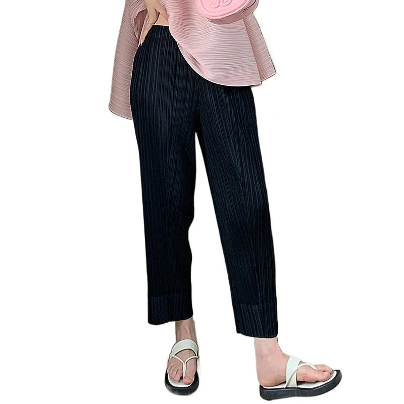 Miyake Pleated Straight Leg Pants, Women's Elastic Waist Cropped Pants, Casual and Versatile Small Leg Pants