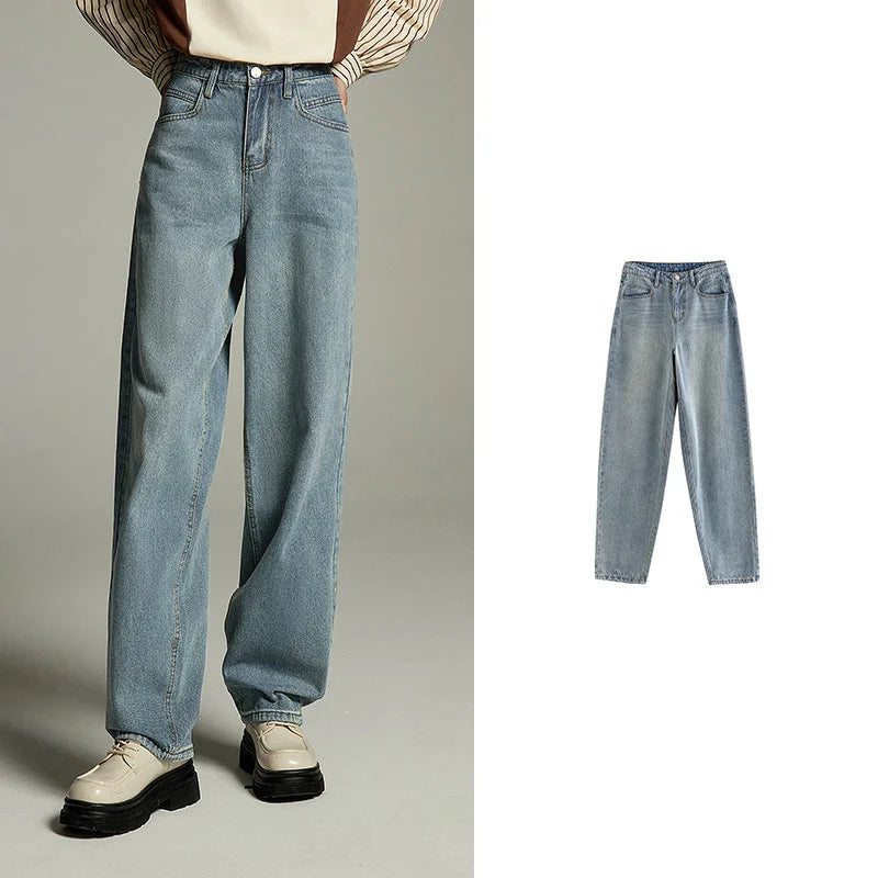 Jean femme taille haute coupe droite ample bleu clair