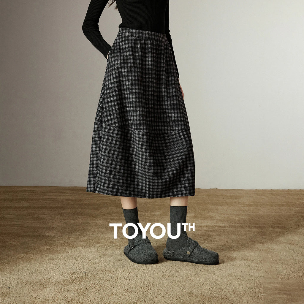 Jupe Midi Femme – Taille Élastique, Motif Plaid et Fleurs Oversize, Fente Latérale