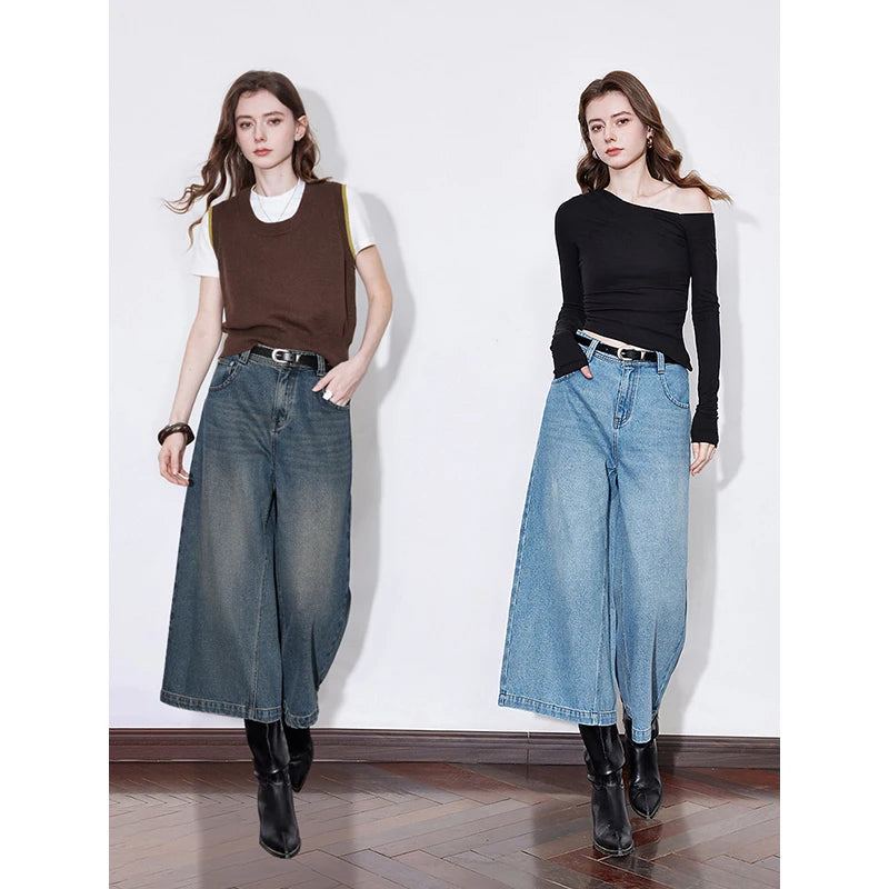 Jean femme taille mi‑haute coupe droite large longueur cheville
