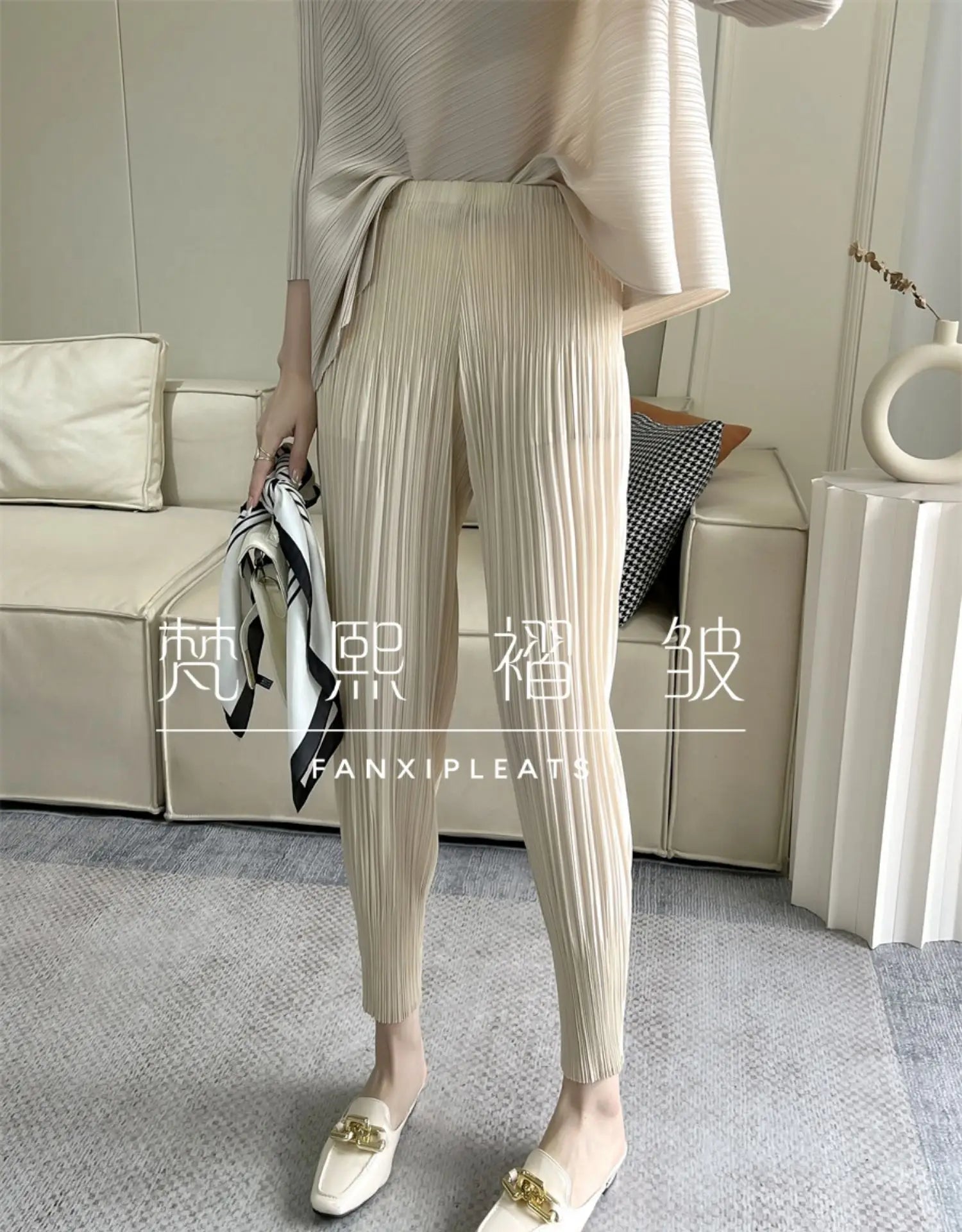Miyake Pleated Pants Spring 2025 New Women's Solid Color Basic Elastic Waist Small Foot Radish Pants Casual And Comfortable