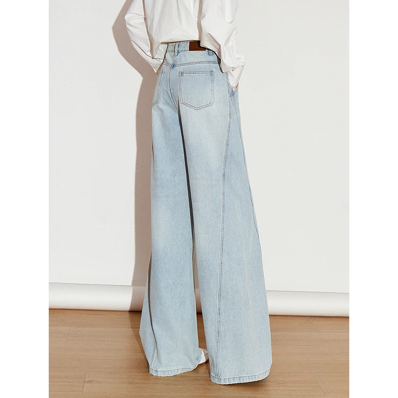 Jean femme taille mi-haute coupe droite large délavé