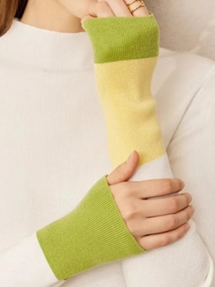 Damenpullover Stehkragen Warm Winter Gestrickt Farbblock Slim Fit Vielseitig Vintage Casual Langarm