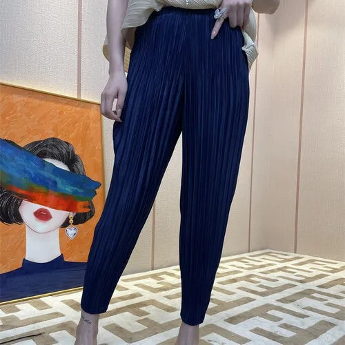 Miyake Pleated Pants Spring 2025 New Women's Solid Color Basic Elastic Waist Small Foot Radish Pants Casual And Comfortable